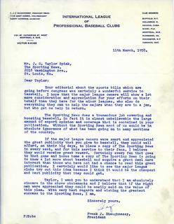 Frank J. Shaughnessy Letter to J.G. Taylor Spink Regarding Congressional Sports Bills