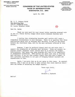 Congressman Richard Gephardt Letter to C.C. Johnson Spink About the Possible Elimination of Saturday Mail Delivery