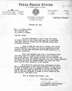 S.E. Barnett Letter to J.G. Taylor Spink Regarding Escaped Prisoner