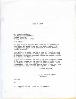 C.C. Johnson Spink Letter to Steve Hamilton Asking for New York Yankees Players to Work with Inner City Kids