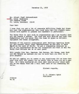 C.C. Johnson Spink Letter Soliciting a Donation from Red Schoendienst