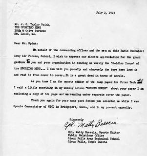 Cpl. Matty Brescia Letter to J.G. Taylor Spink About the "Soldier Issue" of the Sporting News