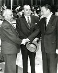 Hubert Humphrey and President McCluer Shaking Mans Hand in Front of Roemer Hall by Lindenwood College